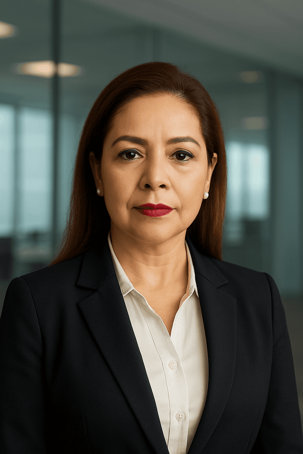 Professional woman wearing a black blazer and white shirt standing in an office environment with large windows.